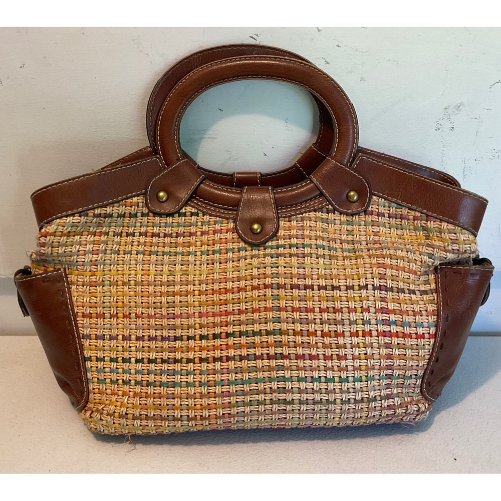 VTG Fossil Handbag Women's Rainbow Straw with Brown Leather Trim